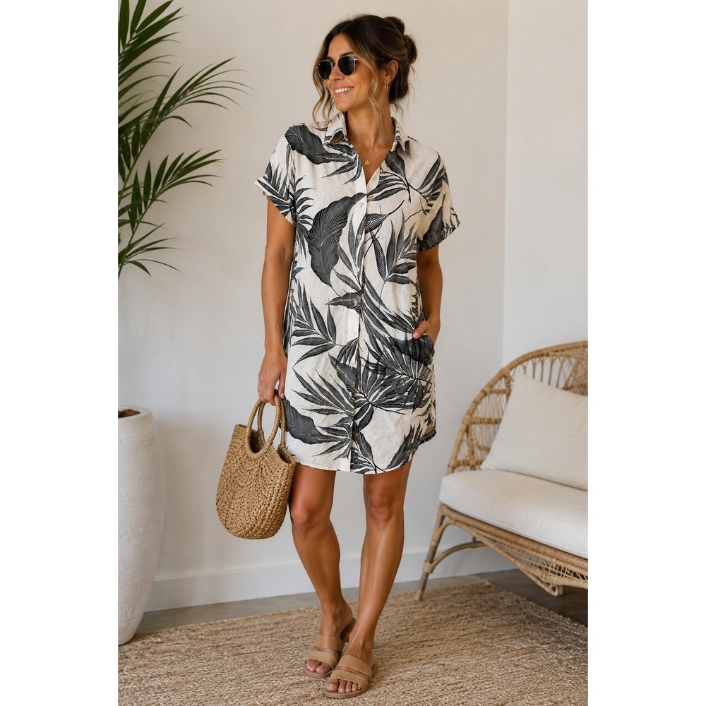 Tahari Womens 100% Linen Tropical Palm Print Button Front Shirt Dress XS